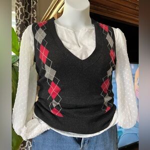 CABI Argyle 100% Lambswool Sweater Vest Size Medium Women’s Charcoal Grey